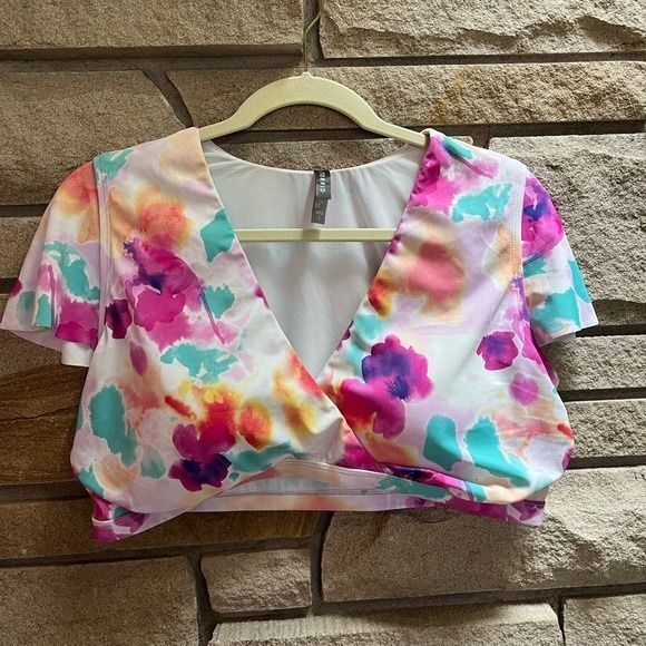 Torrid Wireless Mesh Surplice Sleeve Bikini Top 1x vacation colorful - Picture 3 of 8